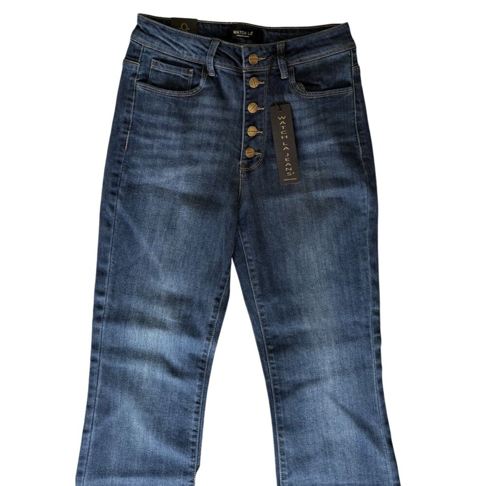 Watch LA Junior/Womens Blue Button-Fly Flare Jeans Size 9 Premium Denim NWT - Picture 2 of 8